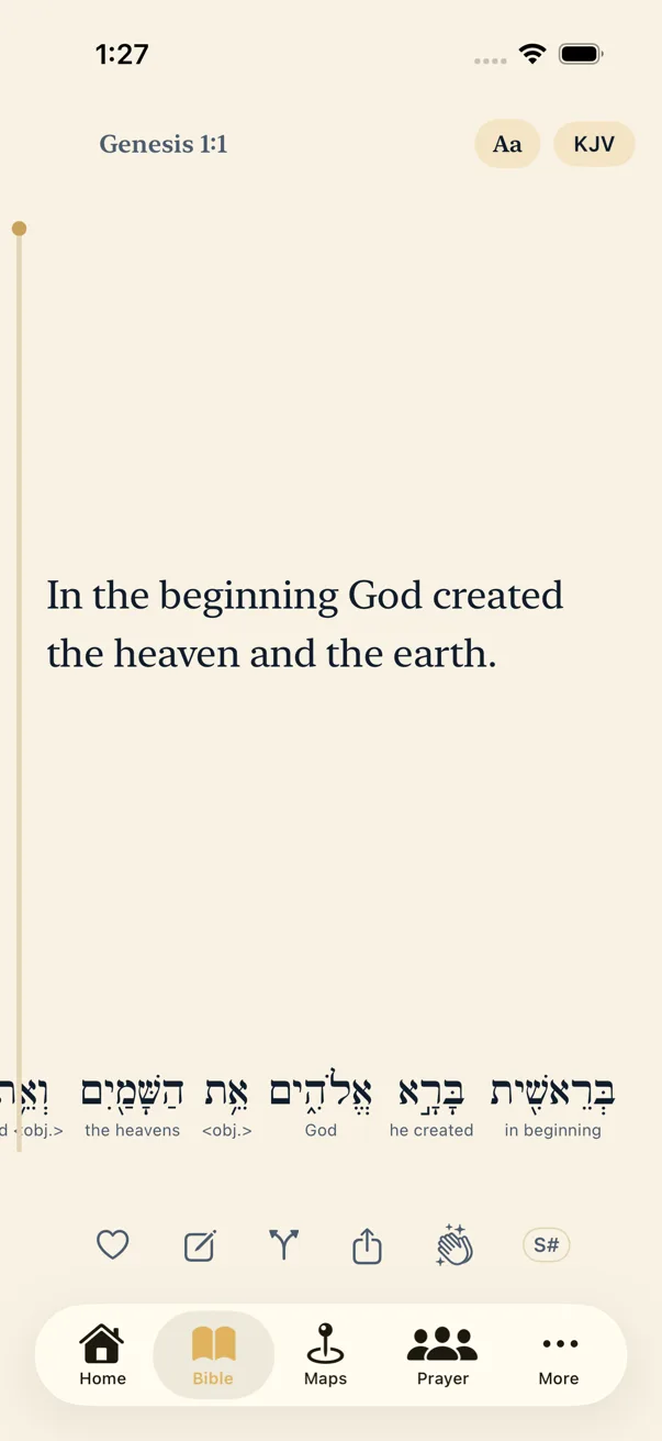 The Journey Scroll reader showing Genesis 1:1 in the King James Version on a parchment page, with the Hebrew words beneath